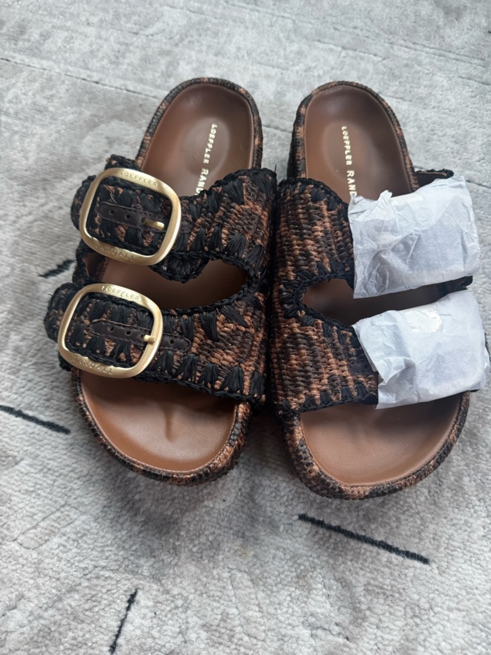 Loeffler Randall Theo Two Band Black & leopard Raffia Buckle Slide Sandal - Picture 3 of 5